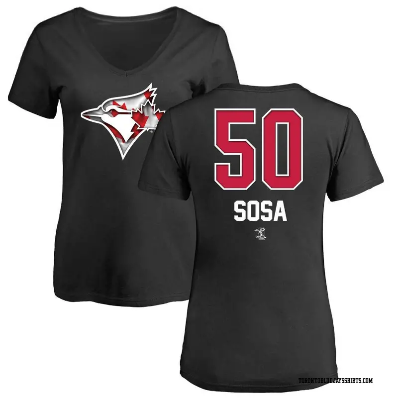 Women's Toronto Blue Jays ＃50 Lenyn Sosa Black Name and Number Banner Wave V-Neck T-Shirt