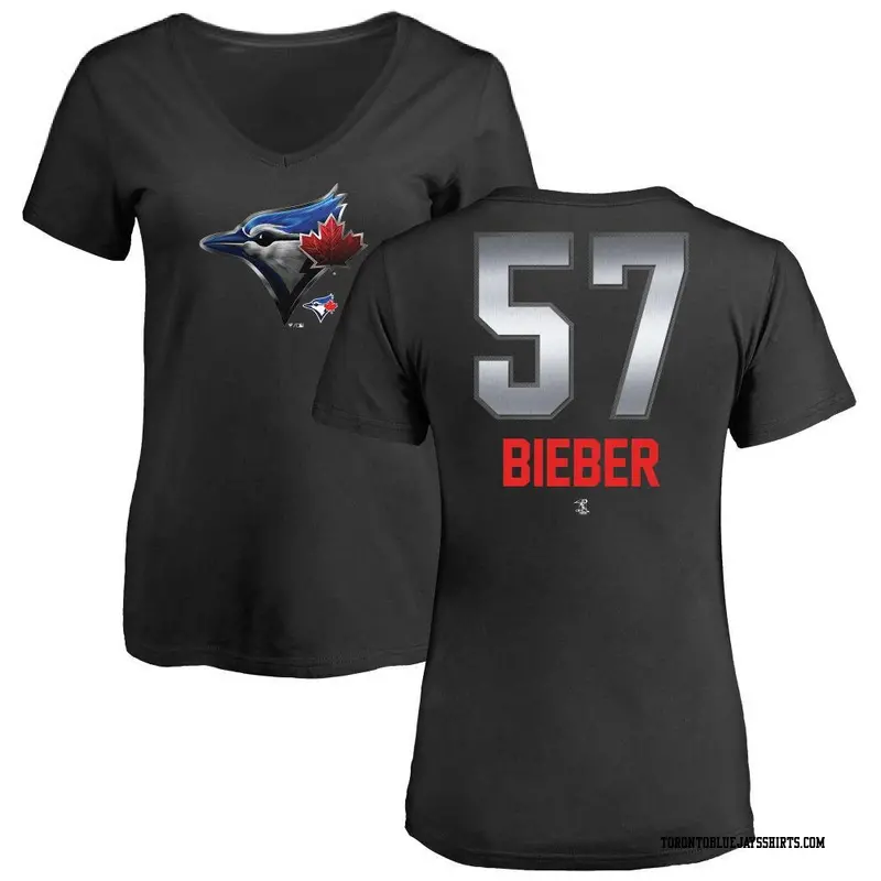 Women's Toronto Blue Jays ＃57 Shane Bieber Black Midnight Mascot V-Neck T-Shirt