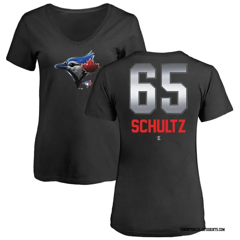 Women's Toronto Blue Jays ＃65 Paxton Schultz Black Midnight Mascot V-Neck T-Shirt