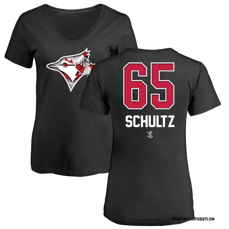 Women's Toronto Blue Jays ＃65 Paxton Schultz Black Name and Number Banner Wave V-Neck T-Shirt